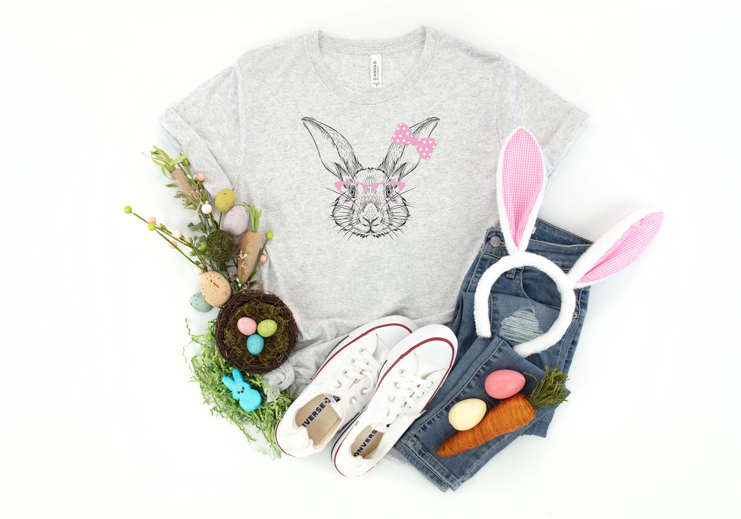 Bunny with Pink Polka Dot Bow and Glasses Happy Easter Bright Spring Colors Ready to Press Transfer T-shirt Transfer